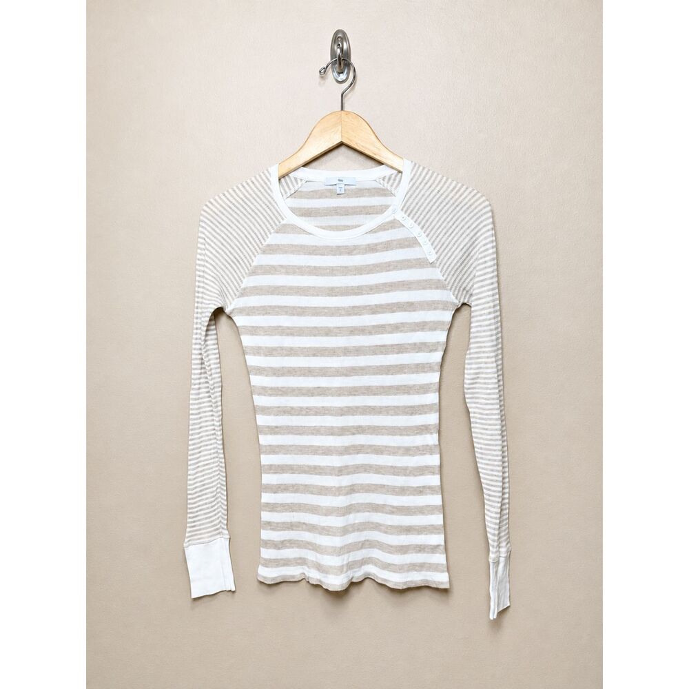 Gap Women's Cotton Modal Striped Thermal Long Sleeve Top Beige White Y2K S - Picture 2 of 7